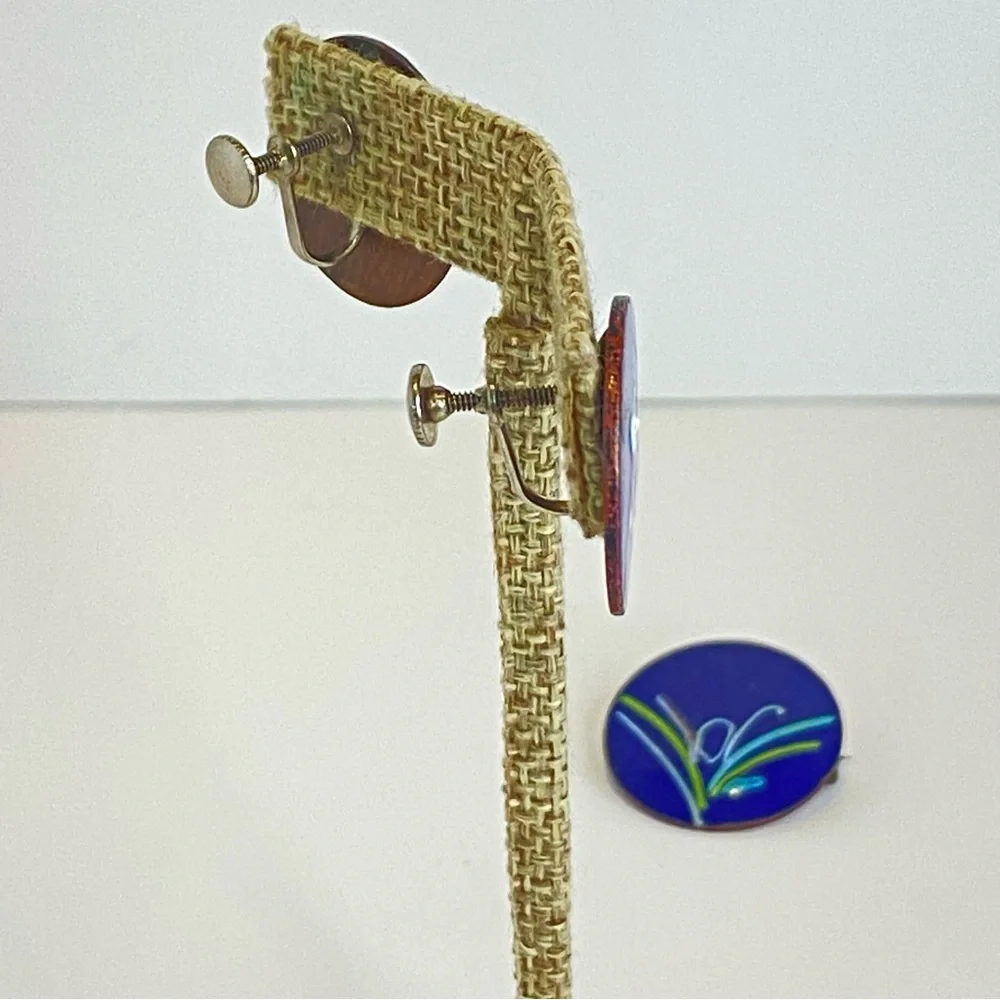 Vintage Copper Enamel‎ Earrings Brooch Set Blue Floral Screw Back Mid Century
